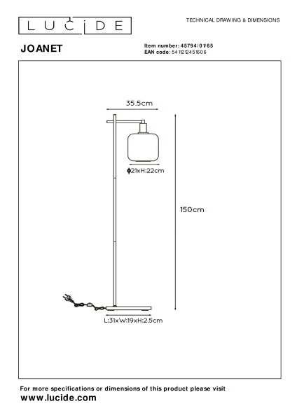 Lucide JOANET - Lampadaire - 1xE27 - Fumé - technique